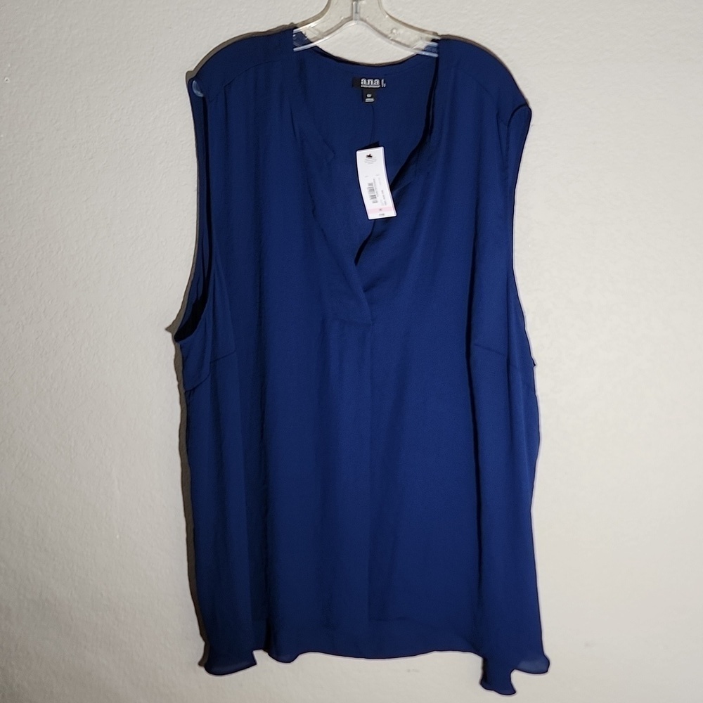 ANA Blouse Womens Size 5X Navy Blue A New Approach New Top Sheer Vneck